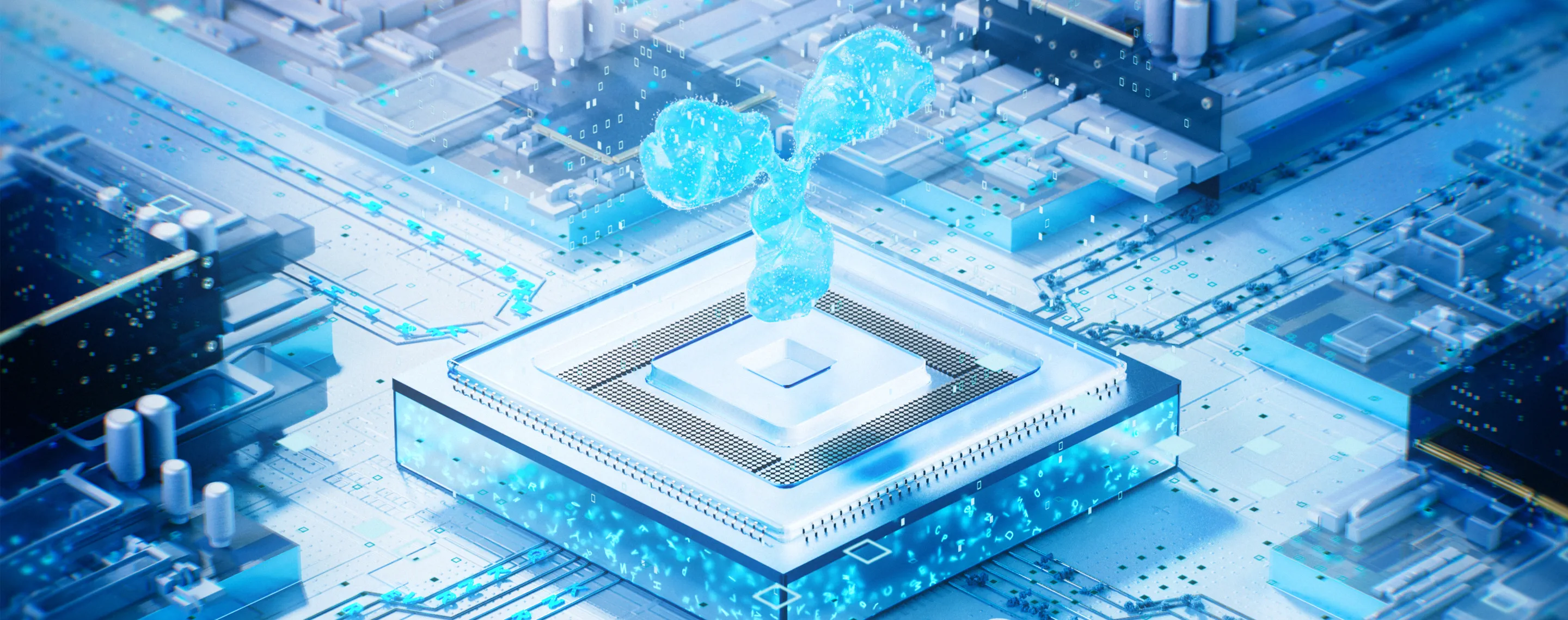 Ilustración de un anticuerpo digital emergiendo de un microchip, representando la integración de biología e inteligencia artificial.