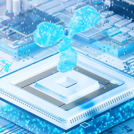 Ilustración de un anticuerpo digital emergiendo de un microchip, representando la integración de biología e inteligencia artificial.